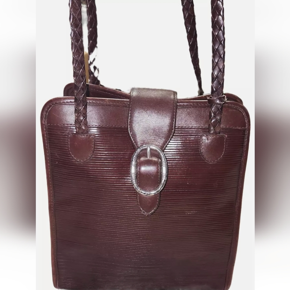 Vintage Ribbed Leather Brighton Shoulder Bag Dark Reddish Brown Braided Strap